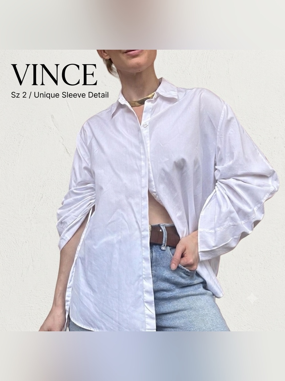 VINCE White Ruched Bell Sleeve Button Down Shirt 2 Quiet Luxury Coquette Scandi